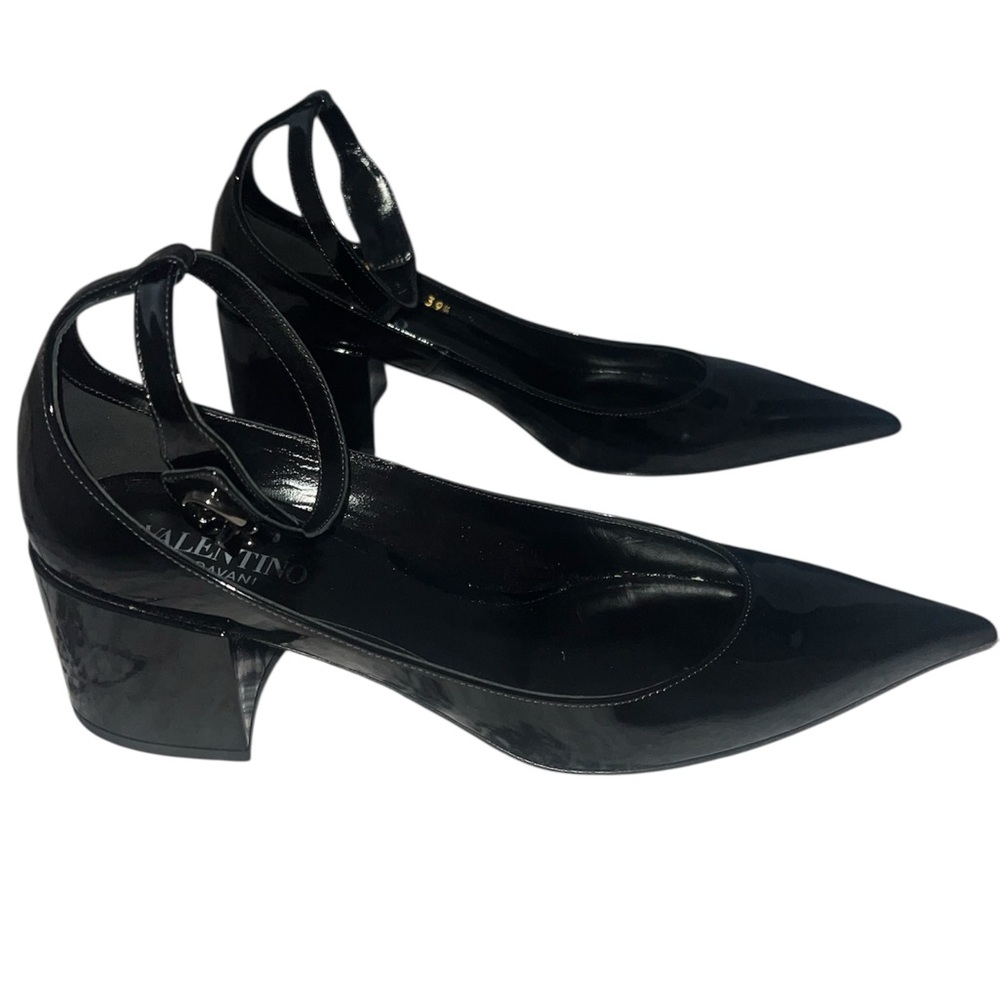 Valentino Black Patent Leather Pointed Kitten Heels with V logo closure on ankle